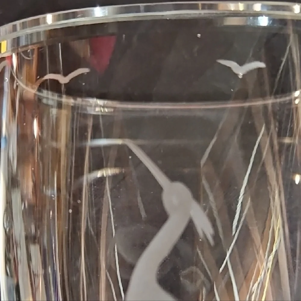 Heavy VTG Scandinavian Handblown Cut Glass Vase with Crane, Heron Egret Etching